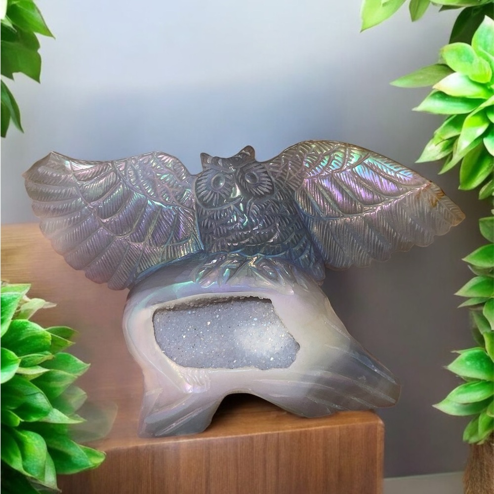 Iridescent Owl Sculpture with Geode Accent